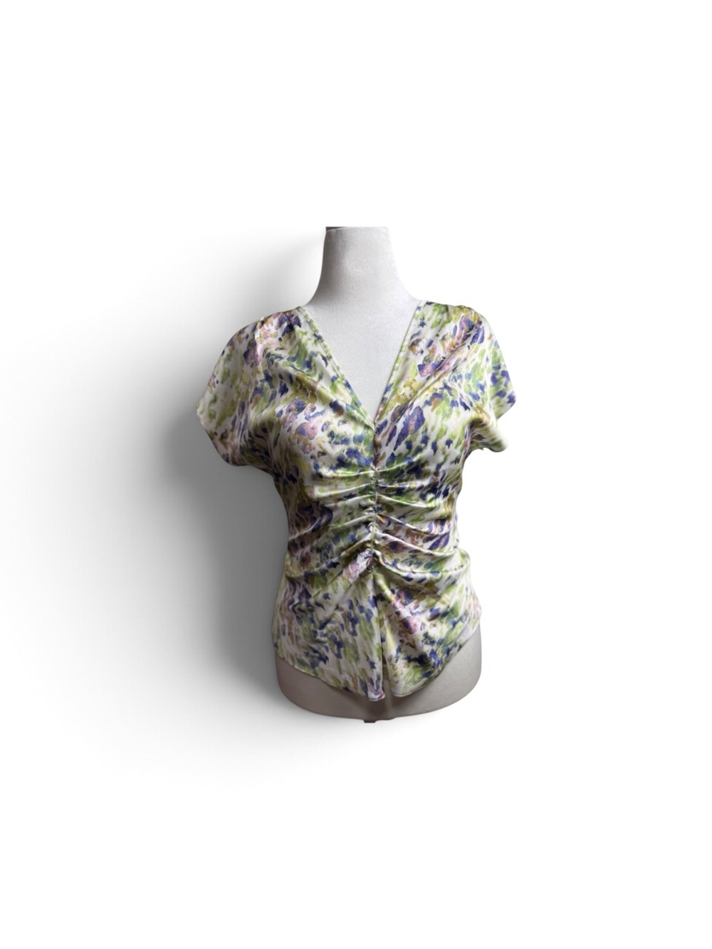 White House Black Market Floral Ruched V-Neck Top in Green and Purple size med